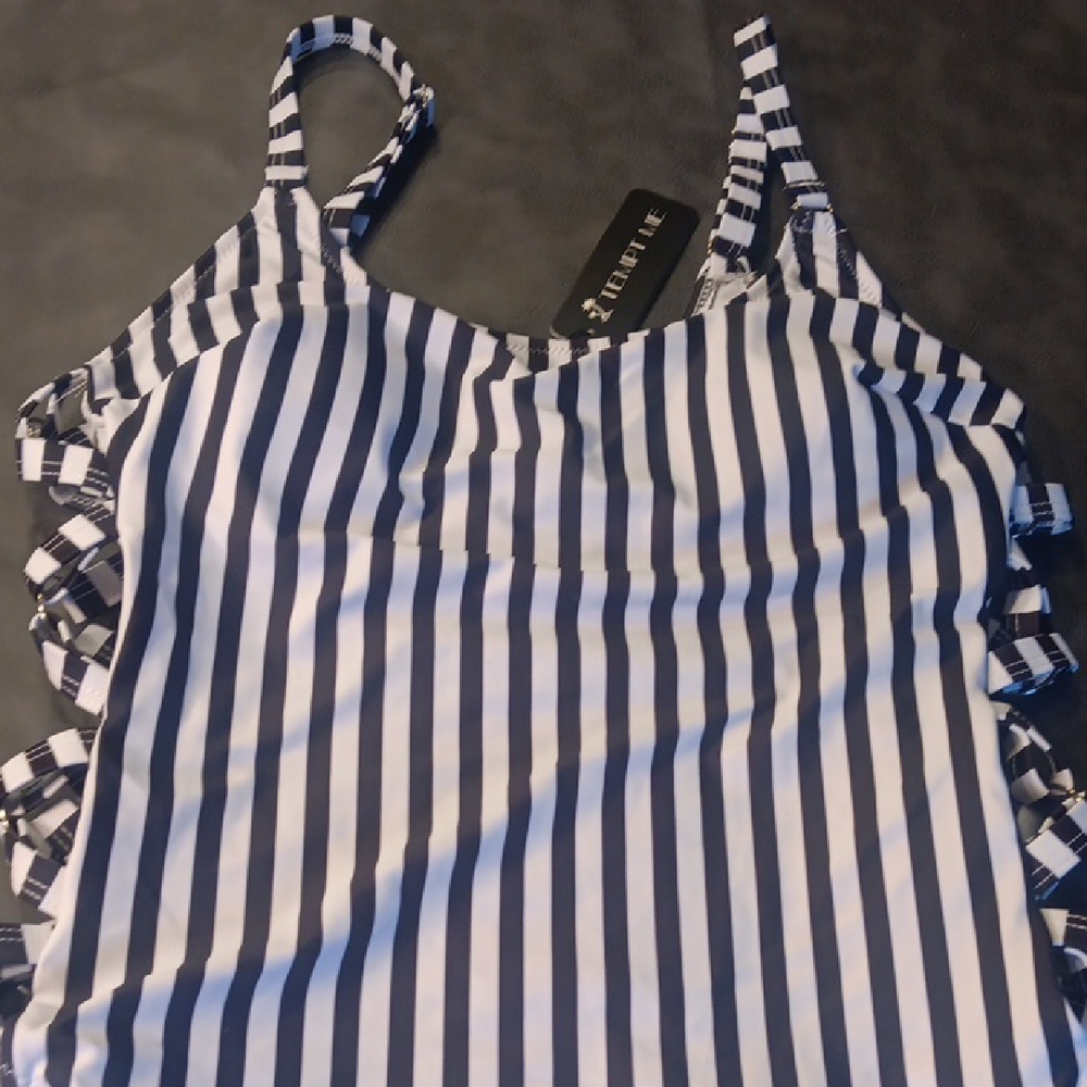 NWT. Tempt Me Balck And White Striped One-Piece Swimsuit With Sexy Side Lace-up - Picture 6 of 11
